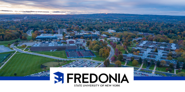 Aerial view of SUNY Fredonia and SUNY Fredonia logo